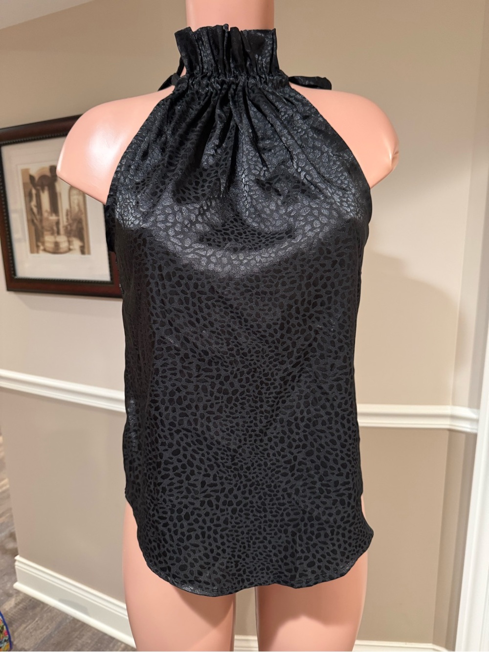 Black Ruffled Halter Satin Blouse